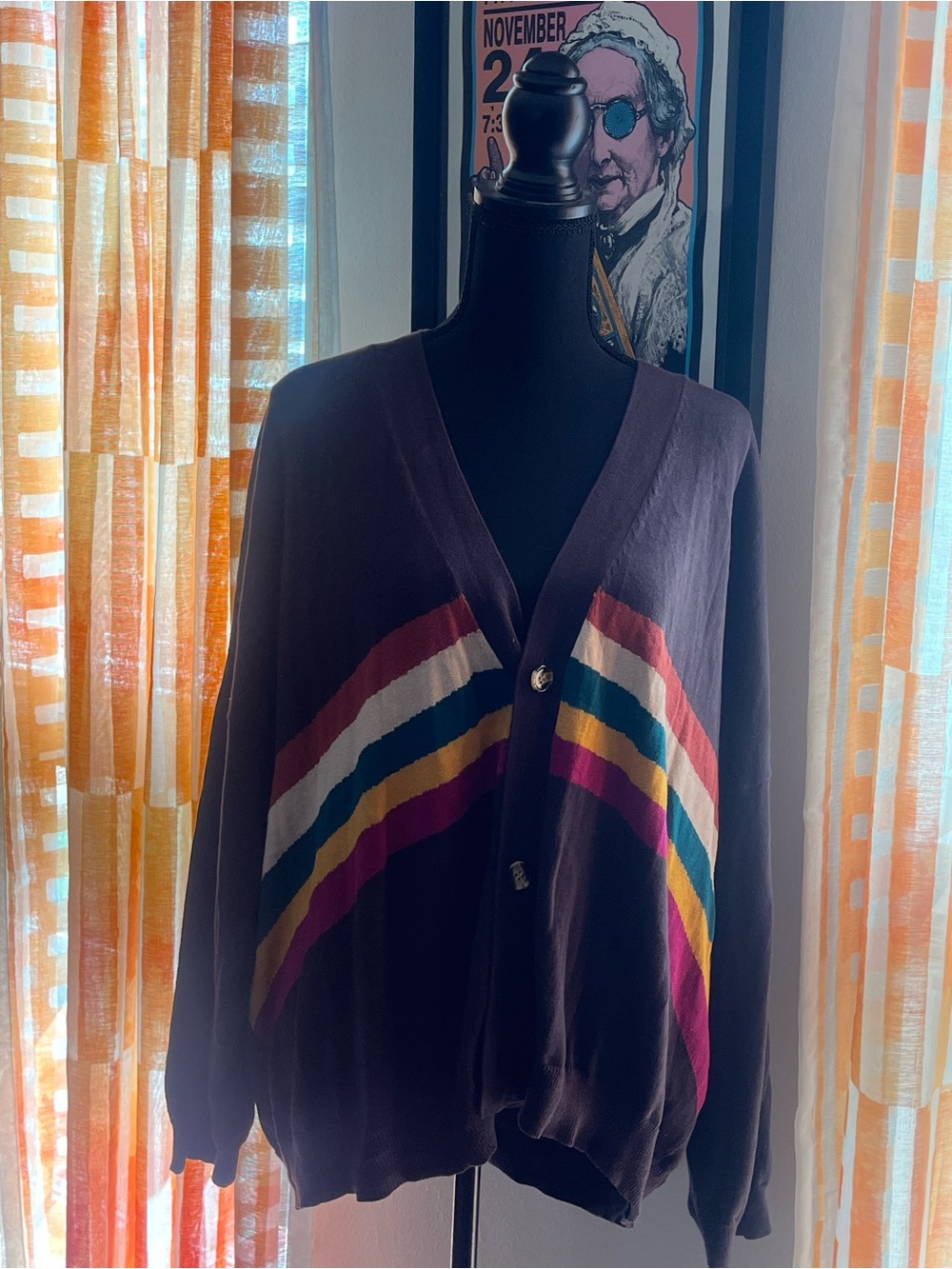 NATURAL LIFE Gray Cardigan with Rainbow Stripe Accents